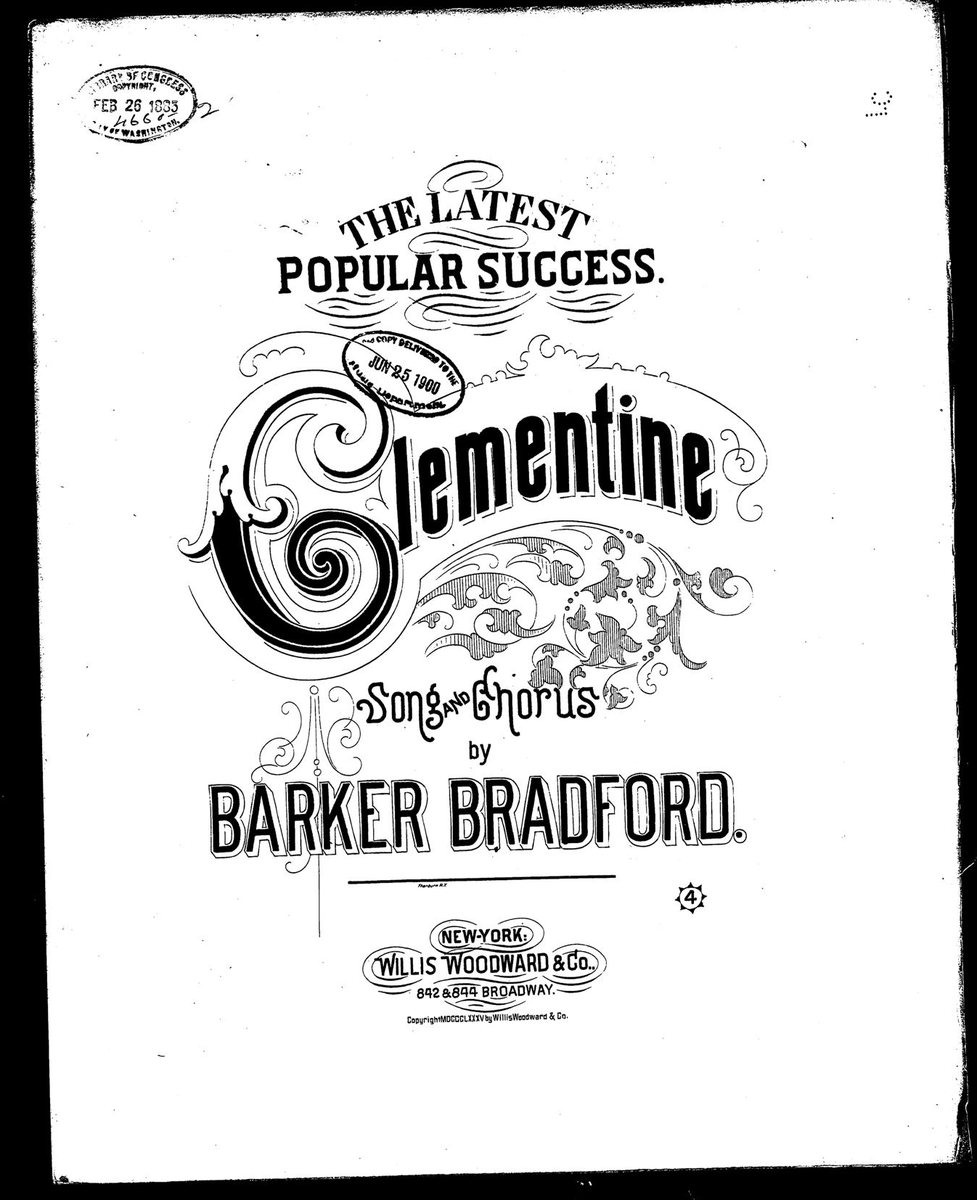 Cover of the 1885 sheet music Clementine, song and chorus by Barker Bradford, with the Library of Congress copyright stamp
