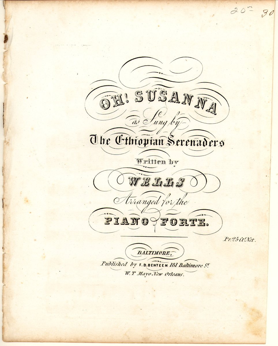 Cover of an 1848 Baltimore printing of Oh! Susanna, published by F. D. Benteen