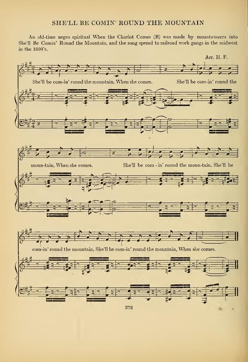 Page 372 of The American Songbag, 1927: She'll Be Comin' Round the Mountain with Sandburg's headnote, melody and piano arrangement
