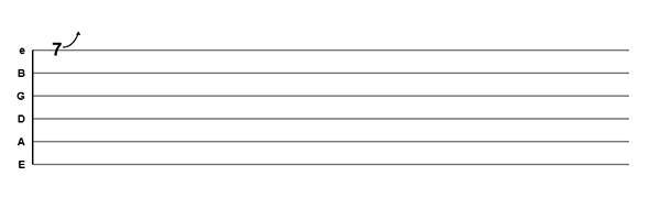 Guitar Scribble screenshot showing a full bend on fret 7 with an upward curved arrow and the number 1 in purple above it