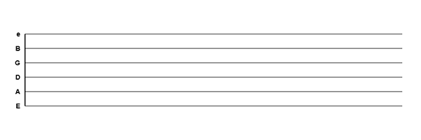 Guitar Scribble screenshot showing a blank six-string tab staff with string labels e, B, G, D, A, E from top to bottom